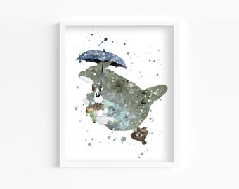 Big Cat Flying with Friends Umbrella Watercolor Print, Home Decor, Wall Art, Manga, Anime