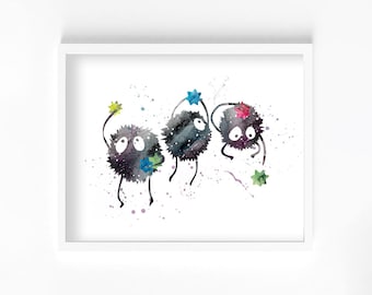 Stampa ad acquerello di spiritelli della fuliggine o sfere Susuwatari, decorazione per la casa, arte da parete, manga, anime