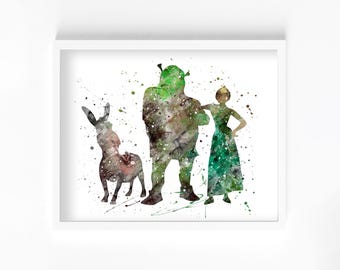 Shrek, Donkey, and Fiona Watercolor Print, Nursery Wall Art, Kids Poster