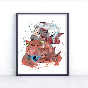 May include: Framed watercolor art print featuring a red frog with a character riding on its back. The artwork has a splatter effect with shades of red, blue, and white. The frog has a blue symbol on its chest. The print is in a black frame.