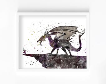 Lámina de acuarela del príncipe Felipe y el dragón Maléfica, decoración para habitación infantil.