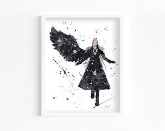 Sephiroth Watercolor Print, Home Decor, Wall Art, Game Room, Player Gaming, Retro Poster