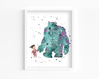 Sulley and Boo Watercolor Print, Home Decor, Wall Art, Nursery, Kids and Children Poster