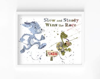 The Tortoise and The Hare Watercolor Print, Home Decor, Wall Art, Nursery Kids Poster