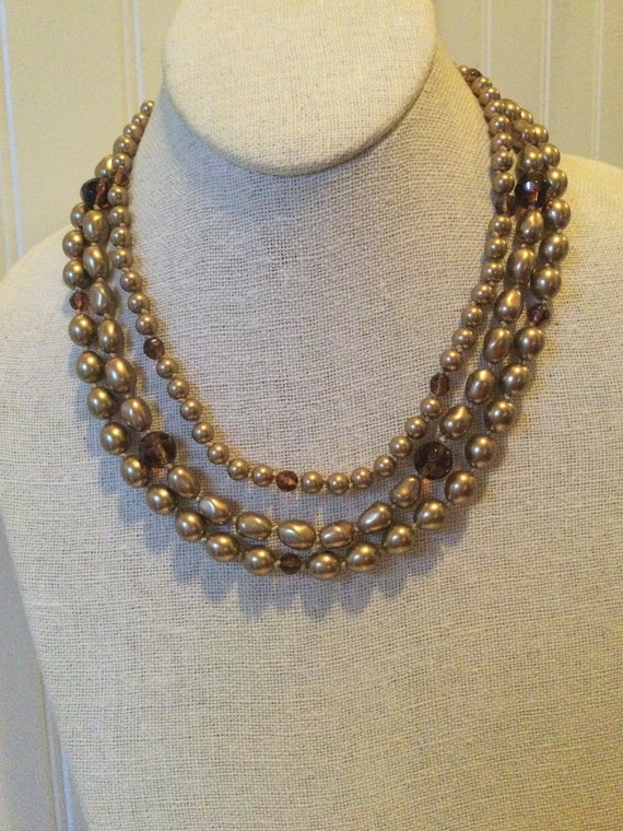 Vintage MONET triple strand gold bead necklace, ha