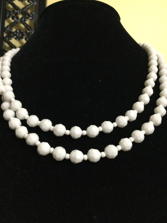 Milk glass double strand necklace white faceted beads