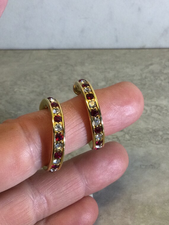 Vintage Monet hoop earrings gold plated red and w… - image 9