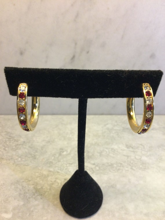 Vintage Monet hoop earrings gold plated red and w… - image 2