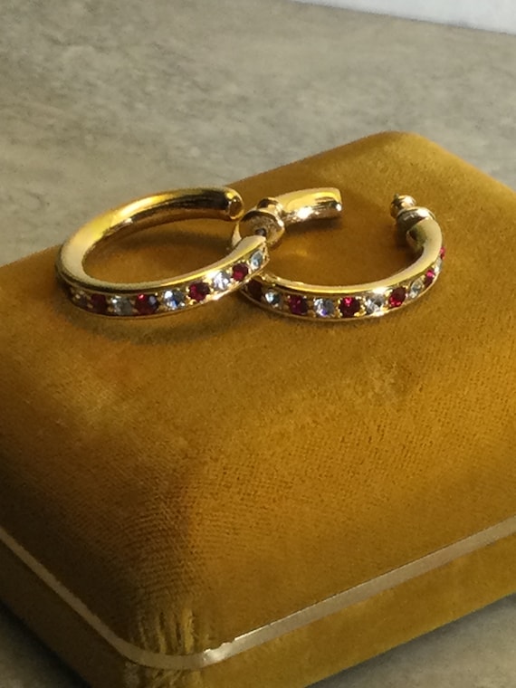 Vintage Monet hoop earrings gold plated red and w… - image 10