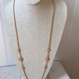 Vintage Sarah Coventry long chain station necklace pink and gold