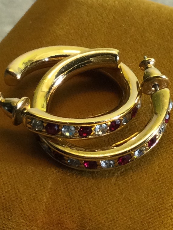 Vintage Monet hoop earrings gold plated red and w… - image 4