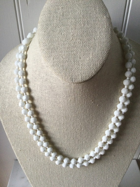 Milk glass double strand necklace white faceted beads View 6