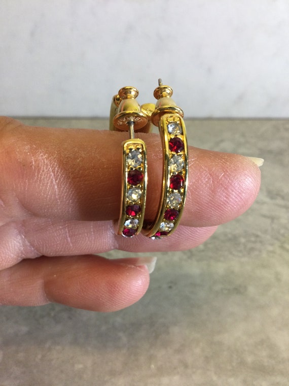 Vintage Monet hoop earrings gold plated red and w… - image 8