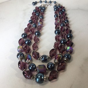 Trifari vintage multi strand beaded necklace purple blue and iridescent stunning statement piece