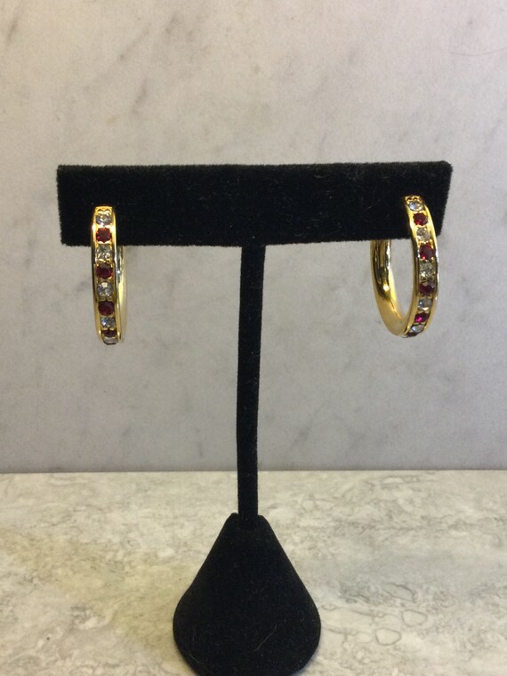 Vintage Monet hoop earrings gold plated red and w… - image 1