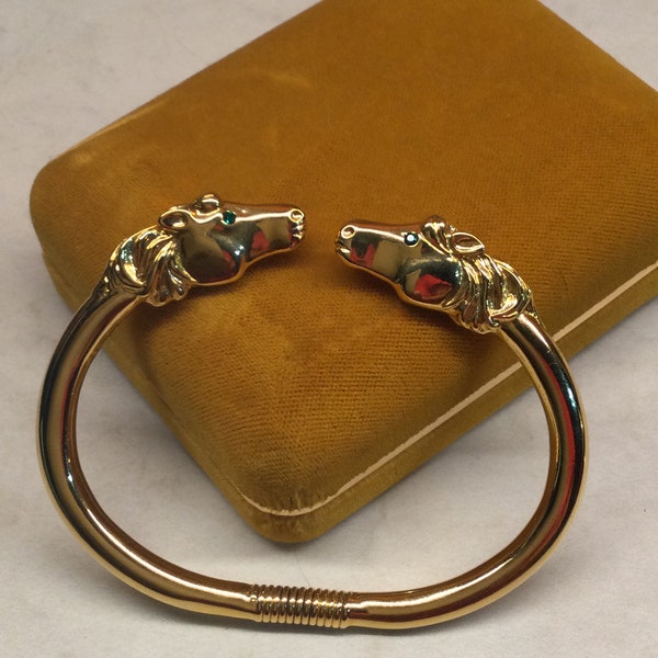 Vintage KJL Kenneth Jay Lane Horse Head Bracelet.  Double horse head, open bangle hinged bracelet gold plated
