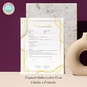 Plantilla de Canva para formulario de autorización de pago / Formulario de consentimiento de pago editable, Acuerdo de servicios de facturación recurrente / Dorado / Descarga instantánea