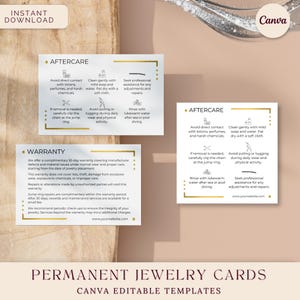 Dauerhafte Schmuckgarantie- und Nachsorgekarten, Schmuckmarken-Kundenhandout, Sofortiger Download Bearbeitbare Canva-Vorlage, Sleek Gold Bild 1