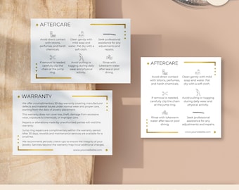 Schede di garanzia e assistenza post-vendita permanenti per gioielli, volantino per i clienti del marchio di gioielli, modello Canva modificabile con download immediato, oro lucido