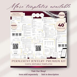 K&ouml;nnte beinhalten: Ein digitales Produkt mit Vorlagen f&uuml;r Unternehmen f&uuml;r permanenten Schmuck. Das Bild enth&auml;lt verschiedene Formulare, Verzichtserkl&auml;rungen und Werbematerialien. Der Text enth&auml;lt "Sofortiger Download", "Kostenlose Extras enthalten" und "40+ Vorlagen". Canva-bearbeitbare Vorlage.
