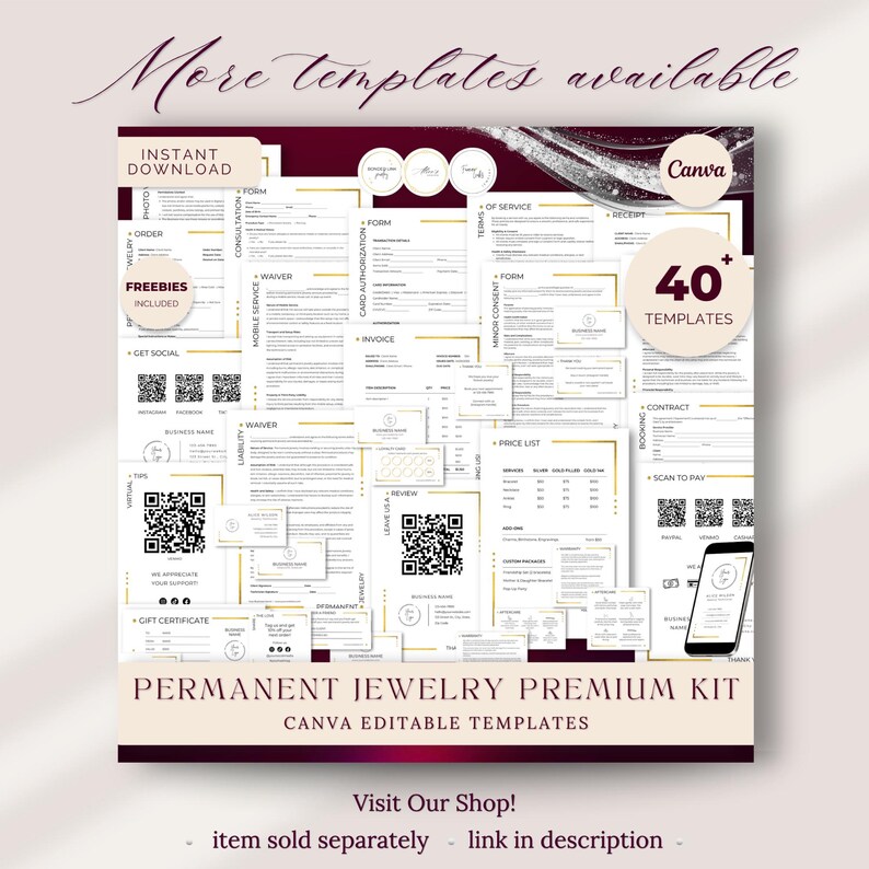 K&ouml;nnte beinhalten: Ein digitales Produkt mit Vorlagen f&uuml;r Unternehmen f&uuml;r permanenten Schmuck. Das Bild enth&auml;lt verschiedene Formulare, Verzichtserkl&auml;rungen und Werbematerialien. Der Text enth&auml;lt "Sofortiger Download", "Kostenlose Extras enthalten" und "40+ Vorlagen". Canva-bearbeitbare Vorlage.