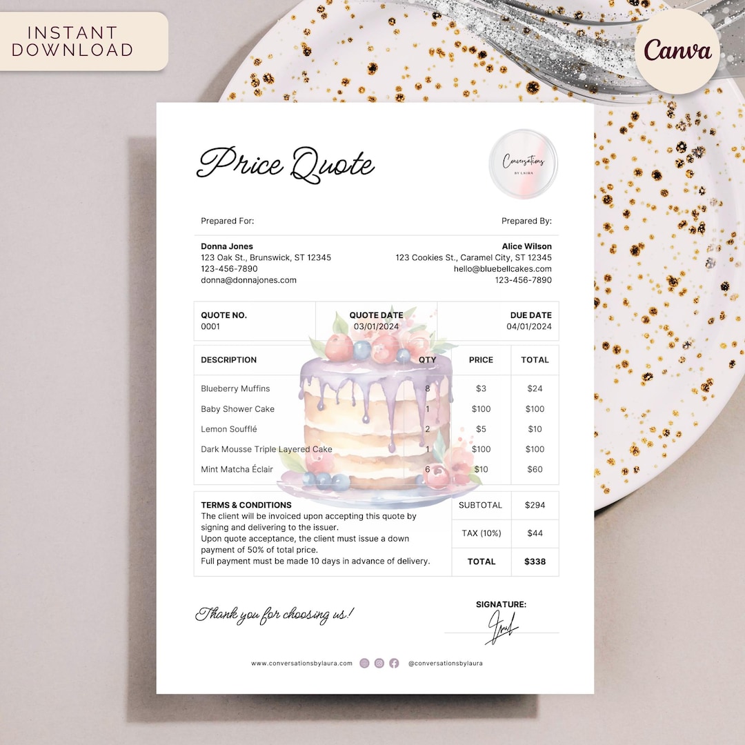 Cake Shop Price Quote, Bakery Quotation, Instant Download Editable ...