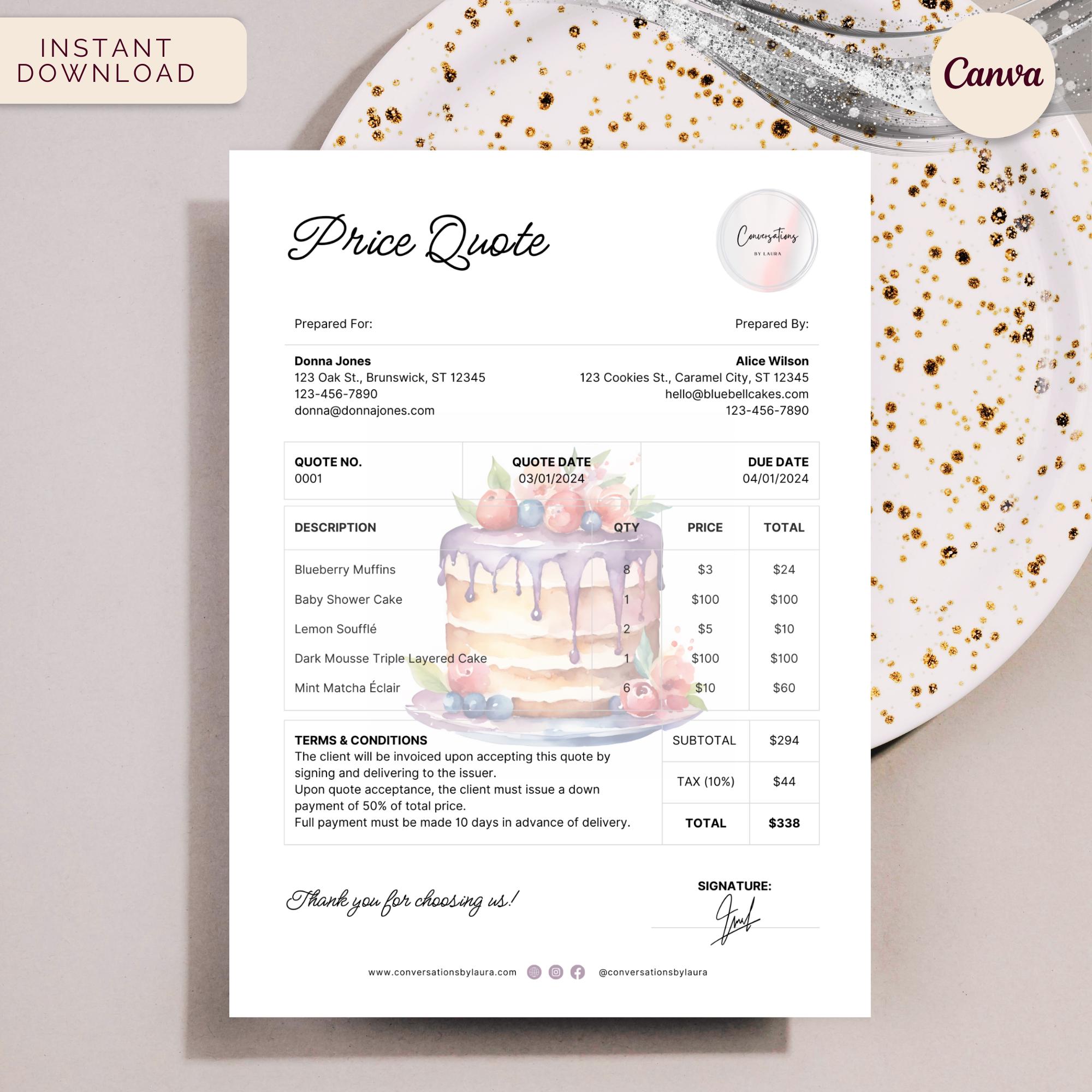 Cake Shop Price Quote, Bakery Quotation, Instant Download Editable ...
