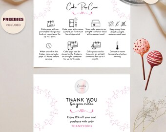 Cake Pop Care Cards, Cake Pop Serving Instructions, Instant Download Editable Canva Template, Deluxe Bakery