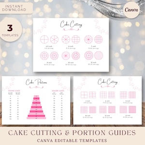 Guías de corte de pasteles, tablas de porciones y cortes, plantilla editable de Canva de descarga instantánea, panadería de lujo