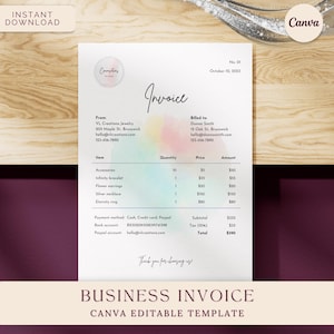 Invoice For Small Business, Makeup Artist, Jewelry Shop, Painting Business, Instant Download Editable Canva Template, Rainbow Cloud Theme