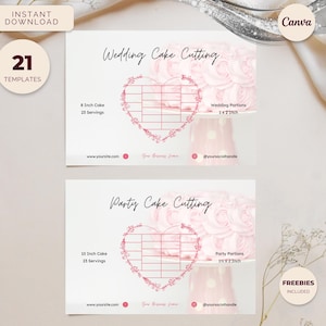 Guías para cortar pasteles de corazón, tabla de porciones para pastelería, plantilla editable de Canva de descarga instantánea, rosa suave