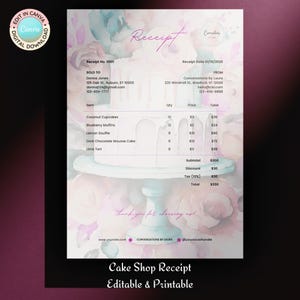 Cake Shop Receipt Editable Canva Template | Bakery Receipt | Cake Decorator, Small Baking Business | Cool Watercolors | Instant Download