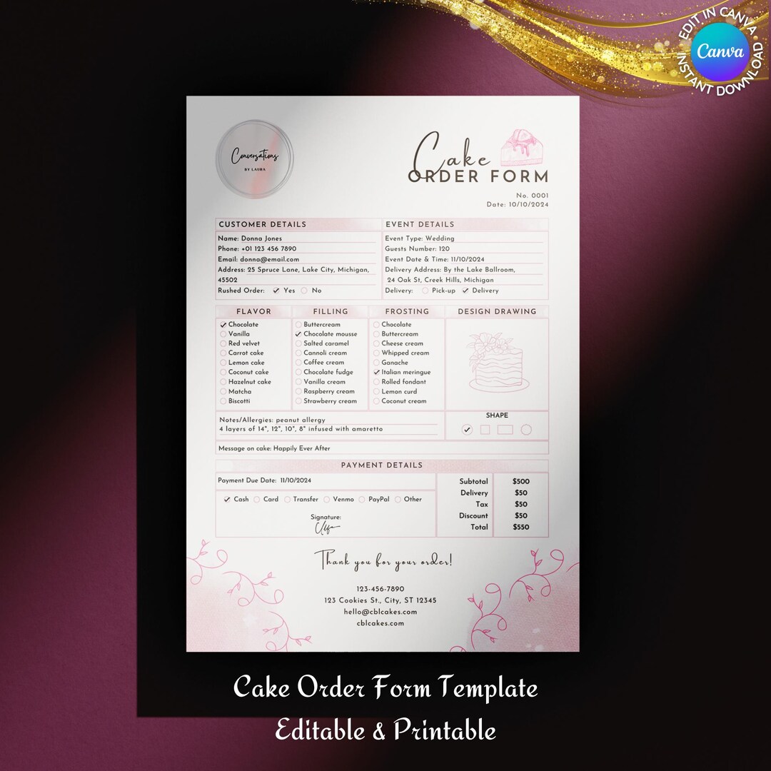 Cake Order Form Editable Canva Template | Cake Shop, Home Baking ...