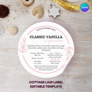 Cottage Law Bakery Label, Round Sticker, Ingredients, Cake Shop, Home Baking, Instant Download Editable Canva Template, Soft Vintage Bakery