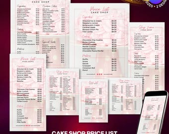 Cake Shop Price Lists, Bakery Menu, Pricing Sheet, Café, Home Baking, Cake Business, Instant Download Editable Canva Template, Soft Pink