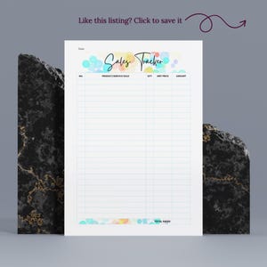 May include: A white sales tracker sheet with a colorful bubble design at the top and bottom. The text "Sales Tracker" is written in cursive. The sheet has columns for product/service sold, quantity, unit price, and amount.