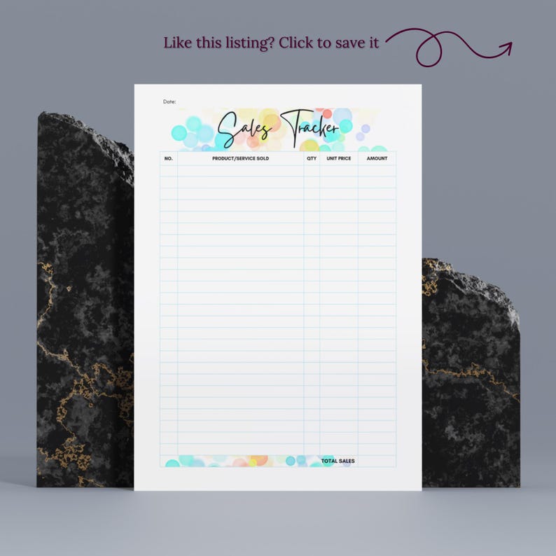 May include: A white sales tracker sheet with a colorful bubble design at the top and bottom. The text "Sales Tracker" is written in cursive. The sheet has columns for product/service sold, quantity, unit price, and amount.