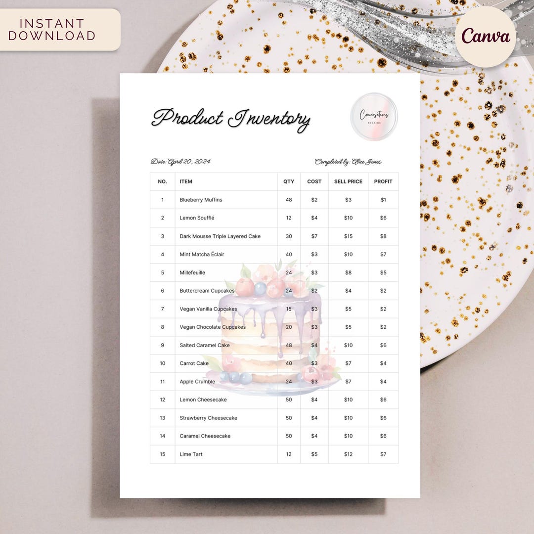 Cake Shop Inventory List, Bakery Inventory Tracker, Stock Planner ...