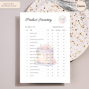 Cake Shop Inventory List, Bakery Inventory Tracker, Stock Planner, Instant Download Editable Canva Template, Watercolor