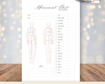 Women Measurement Chart, Sewing Measure Table, Fitting Chart, Tailor Custom Clothing, Seamstress Dressmaker Template, Instant Download PDF