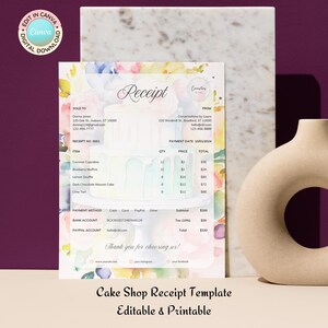 Cake Shop Receipt Editable Canva Template | Bakery Receipt | Cake Shop, Homemade Cake Business | Watercolor Florals | Instant Download
