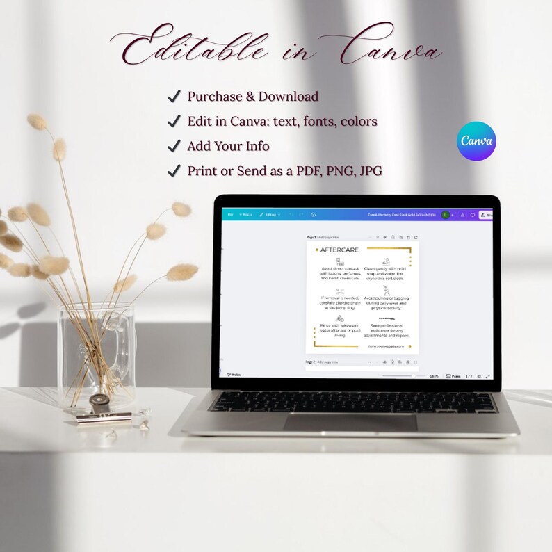 Dauerhafte Schmuckgarantie- und Nachsorgekarten, Schmuckmarken-Kundenhandout, Sofortiger Download Bearbeitbare Canva-Vorlage, Sleek Gold Bild 4