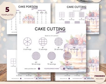 Cake Cutting Guides, Cake Portions Card, Bakery Serving Charts, Instant Download Canva Templates, Watercolor