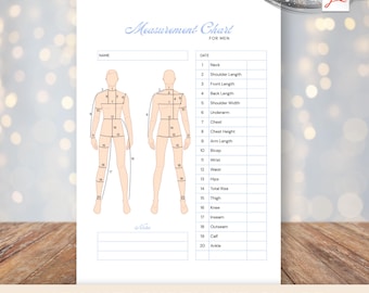 Men Measurement Chart, Sewing Fitting Template for Seamstresses and Tailors, Body Size Record, Custom Tailoring Size Guide, Printable PDF