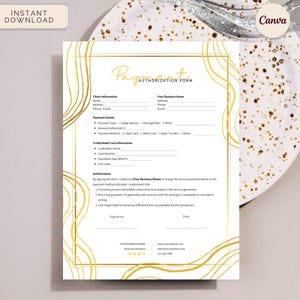 Formulario de autorización de pago, formulario de consentimiento de transacción editable, acuerdo de servicios de facturación recurrente, plantilla de Canva de descarga instantánea, Golden