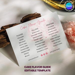 Guide des saveurs de gâteaux, carte de consultation pour gâteaux, carte de dégustation de gâteaux, pâtisserie, pâtisserie maison, modèle sur toile modifiable à téléchargement immédiat, rose pâle