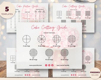Cake Cutting Cards, Round & Square Cake Serving Chart, Instant Download Editable Canva Template, Soft Pink