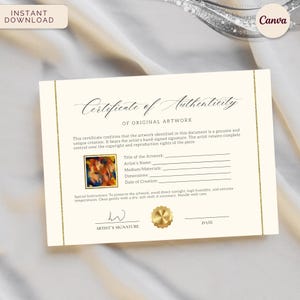 May include: Cream-colored certificate of authenticity with gold accents and text. The certificate includes fields for the artwork's title, artist's name, medium, dimensions, and date of creation. The Canva logo is in the upper right corner.