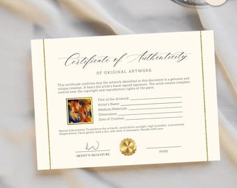 Certificado de autenticidad para obra de arte original, COA de artista, certificado de procedencia de la obra, plantilla editable de Canva de descarga instantánea