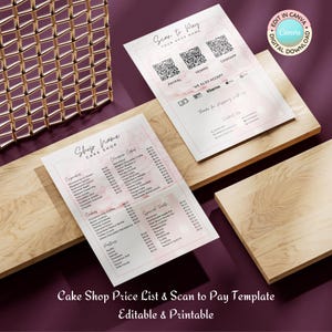 Cake Shop Preisliste & Scan to Pay Bearbeitbare Canva Vorlage | Zahlschild, Kuchenmenu | Bäckerei, Home Baking | zartes Rosa | Sofort Download